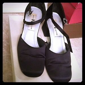 Black satin chunky heels